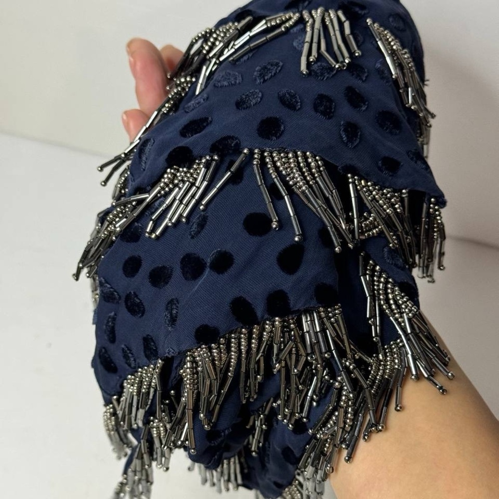 Club Monaco Silk Blend Scarf Dark Blue w Beads - Picture 3 of 6